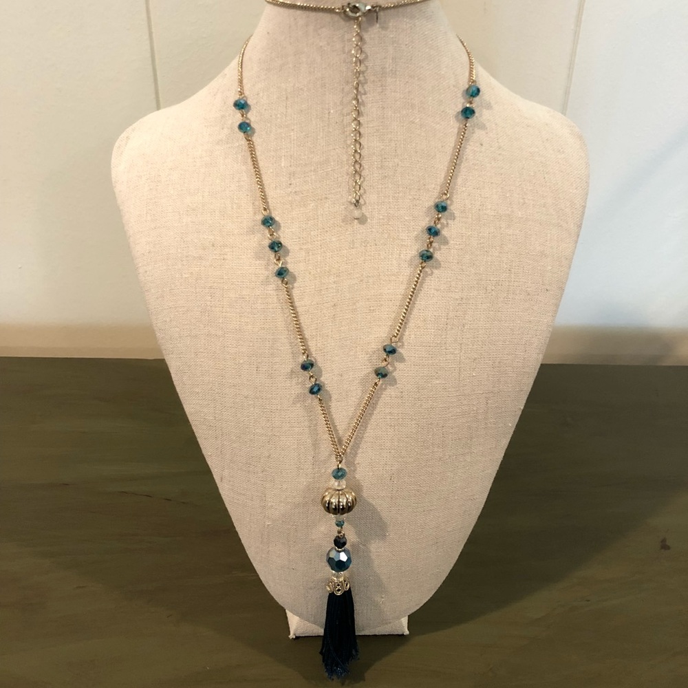Blue and gold tassel necklace